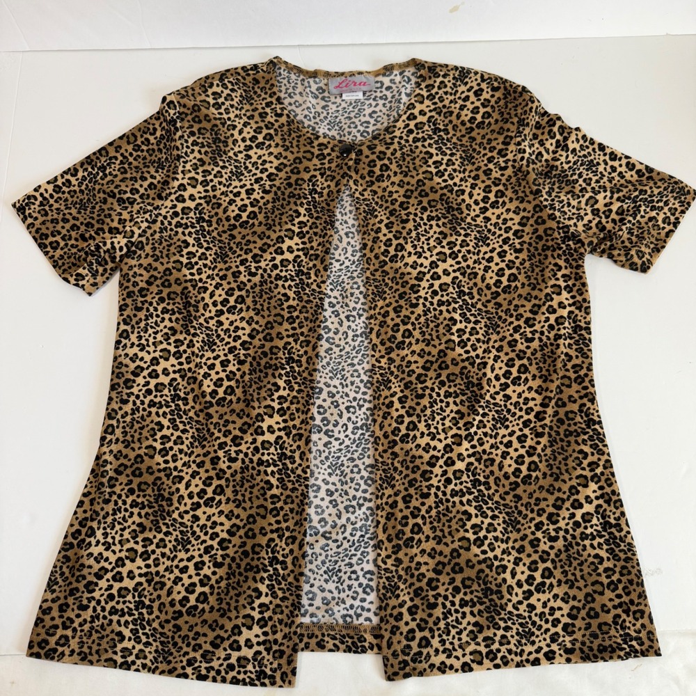 Vintage Leopard Cheetah Print Short Sleeve Cardigan Stretch USA Y2K Retro